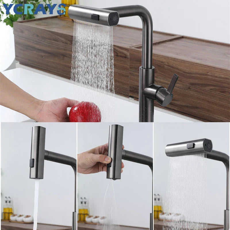 Moderne Küchenarmatur mit herausziehbarer Wasserfall-Handbrause aus Edelstahl