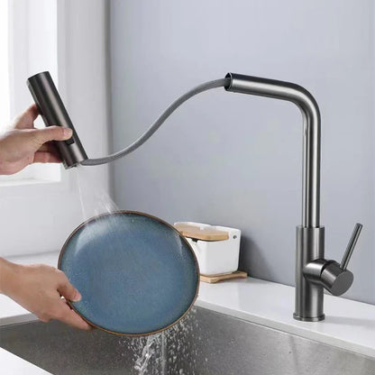 Moderne Küchenarmatur mit herausziehbarer Wasserfall-Handbrause aus Edelstahl