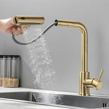 Moderne Küchenarmatur mit herausziehbarer Wasserfall-Handbrause aus Edelstahl