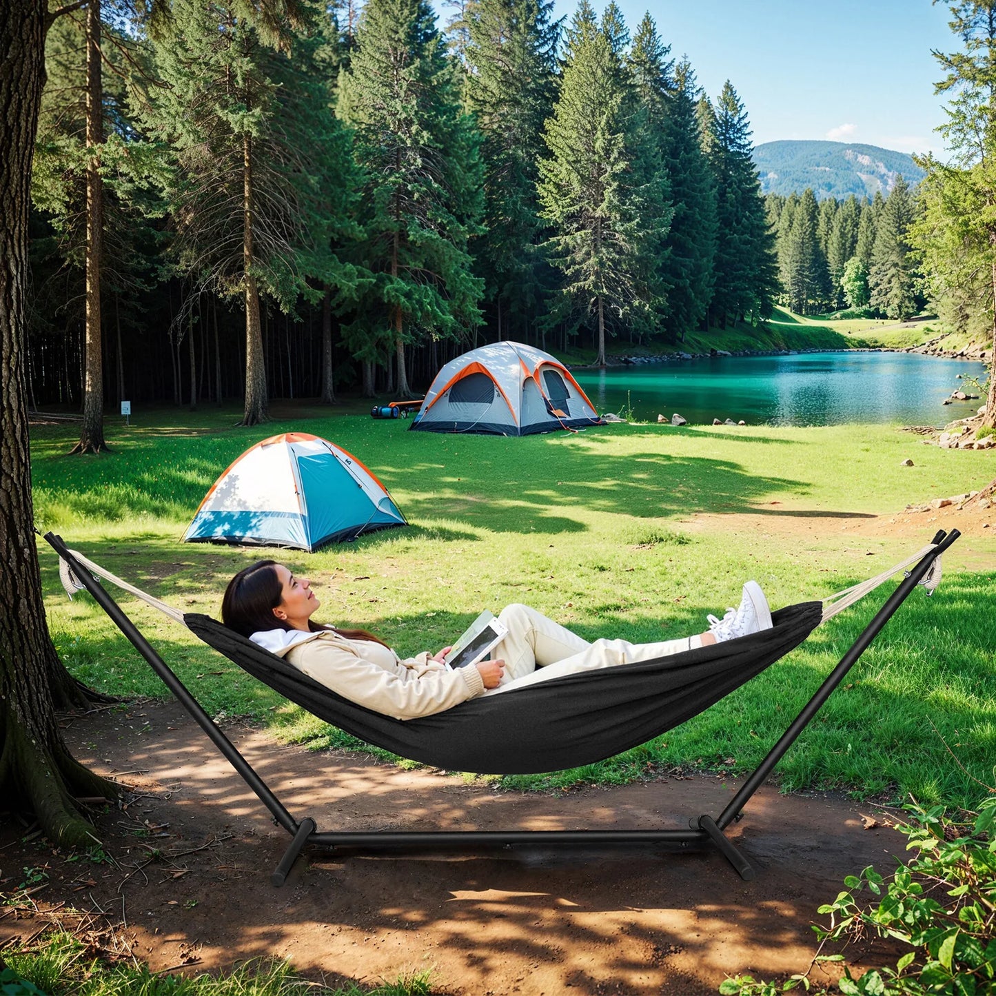 Lunava Rest | Tragbare Doppel-Hängematte mit Stahlgestell für Garten & Camping