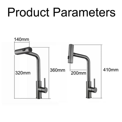 Moderne Küchenarmatur mit herausziehbarer Wasserfall-Handbrause aus Edelstahl