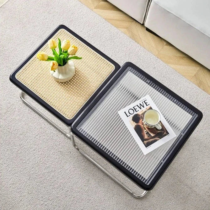 Solvia Cane | Runder Couchtisch aus Rattan mit Glasplatte im Mid-Century-Stil
