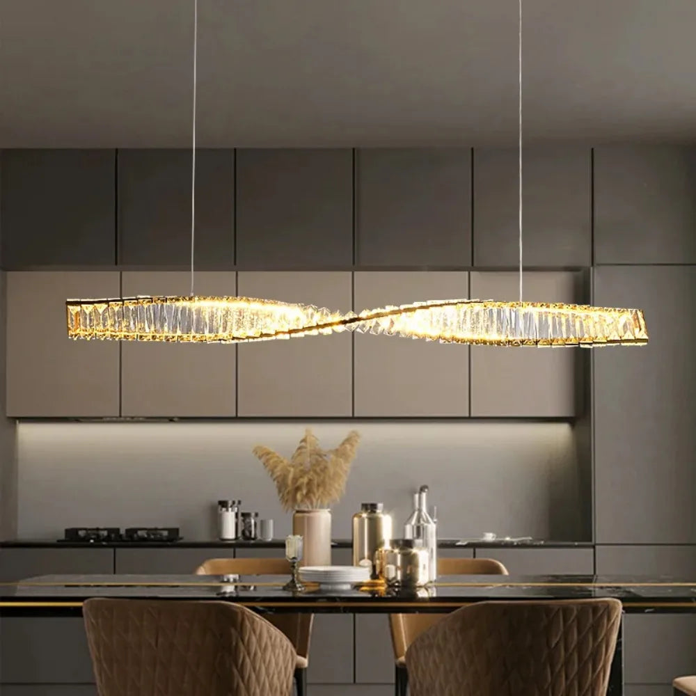 Astrion | Moderne LED-Hängeleuchte mit Kristallen und Spiraldesign für den Esstisch