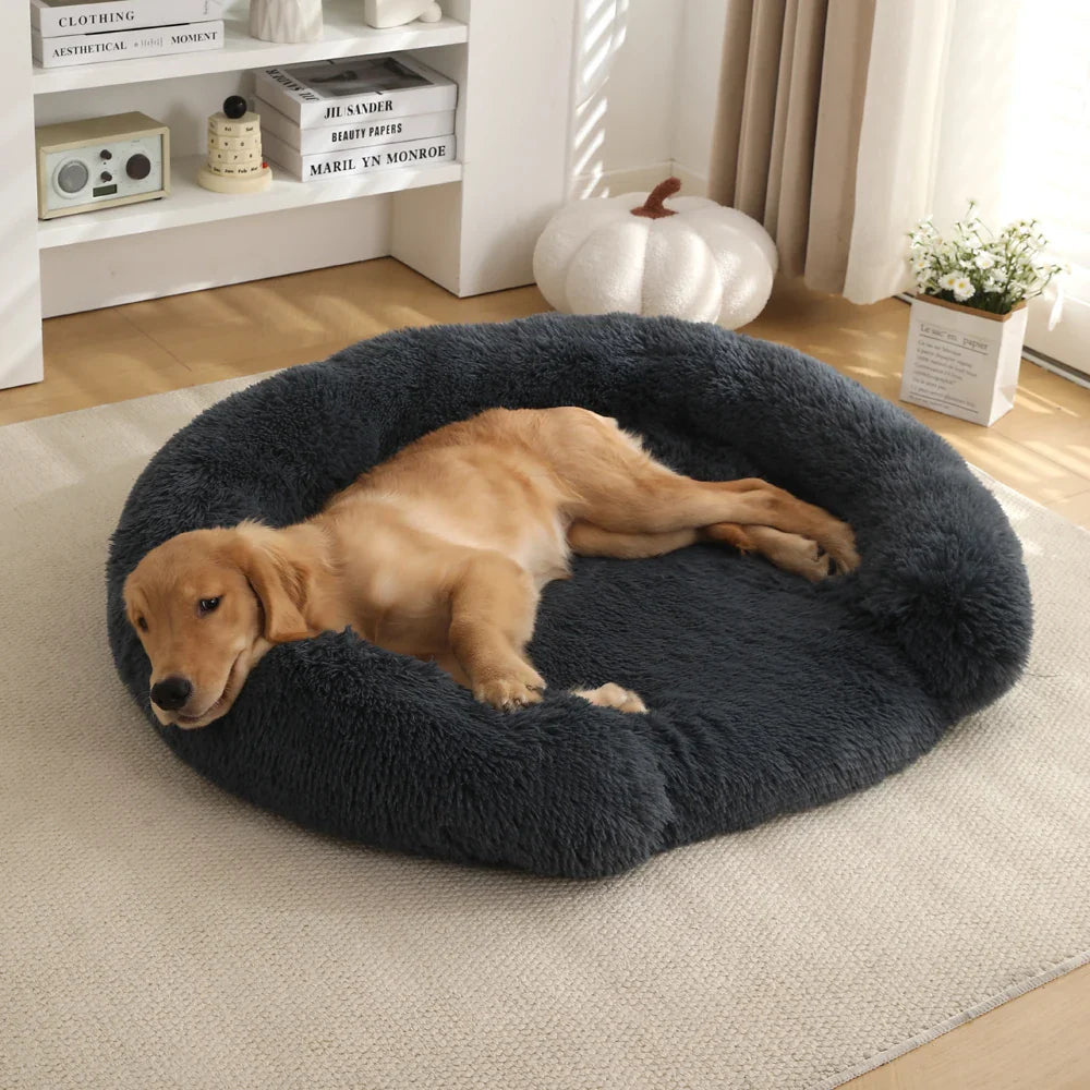 Fluffy Hundebett Halb-Offen Rund | Extra Weich Plüsch | Waschbarer Bezug | Anti-Rutsch | 4 Größen