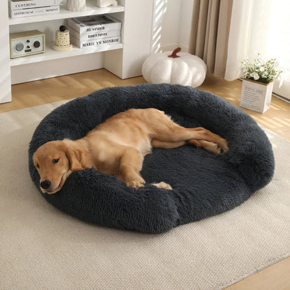 Fluffy Hundebett Halb-Offen Rund | Extra Weich Plüsch | Waschbarer Bezug | Anti-Rutsch | 4 Größen