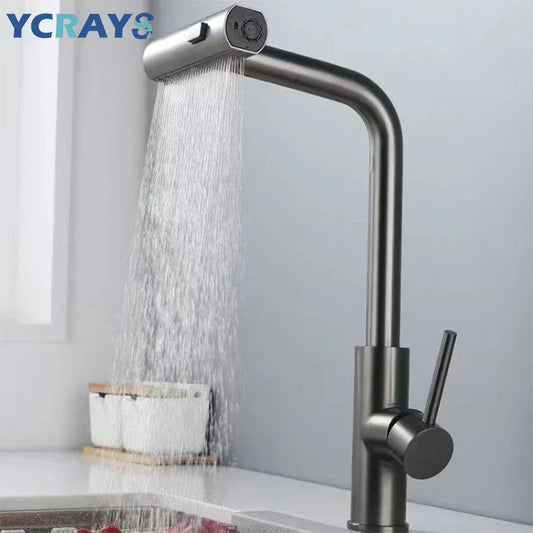 Moderne Küchenarmatur mit herausziehbarer Wasserfall-Handbrause aus Edelstahl