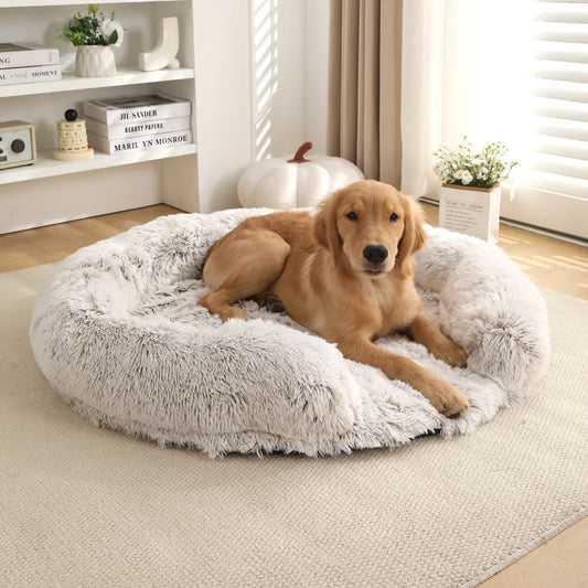 Fluffy Hundebett Halb-Offen Rund | Extra Weich Plüsch | Waschbarer Bezug | Anti-Rutsch | 4 Größen