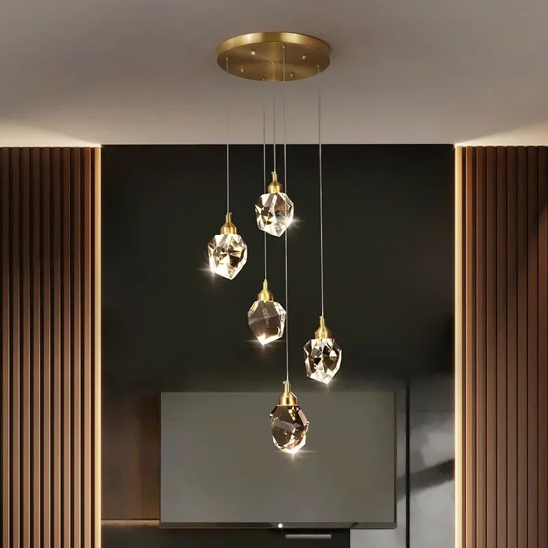 Nina Pendelleuchte – LED-Deckenlampe mit 5 Kristallglasschirmen in Gold