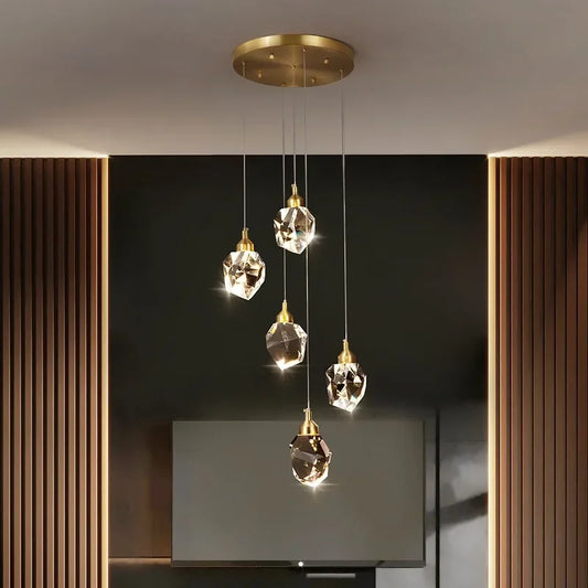 Nina Pendelleuchte – LED-Deckenlampe mit 5 Kristallglasschirmen in Gold