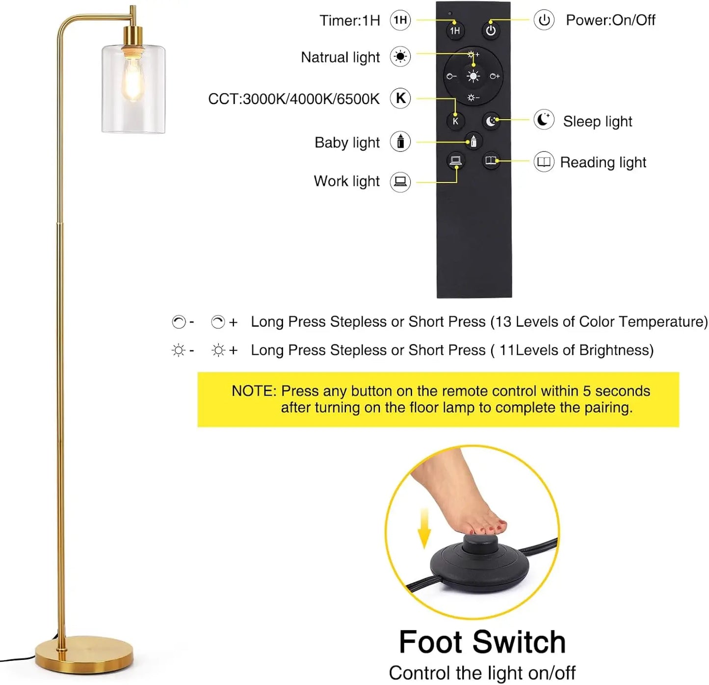 AuriVélo Arcus | Dimmbarer LED-Standfluter mit Glas-Schirm und Fernbedienung