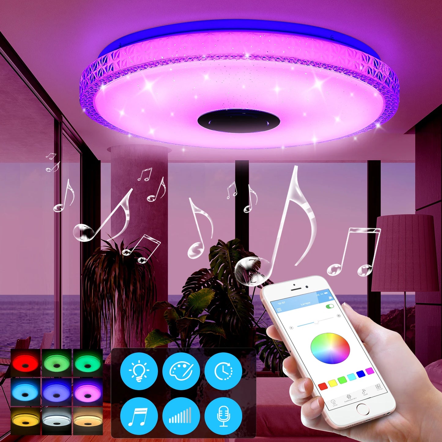Lunavi Crystal | LED-Deckenleuchte mit Bluetooth-Lautsprecher und RGB-Farbwechsel