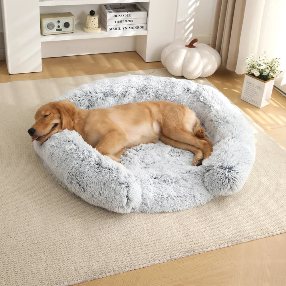 Fluffy Hundebett Halb-Offen Rund | Extra Weich Plüsch | Waschbarer Bezug | Anti-Rutsch | 4 Größen