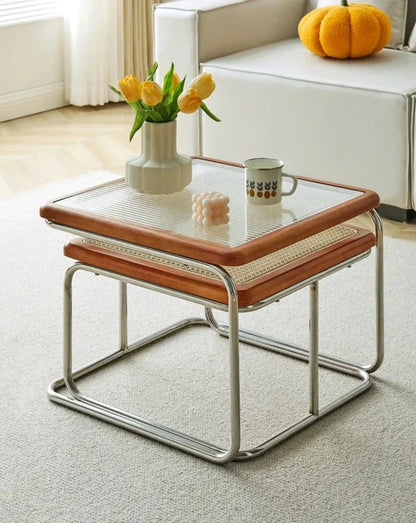 Solvia Cane | Runder Couchtisch aus Rattan mit Glasplatte im Mid-Century-Stil
