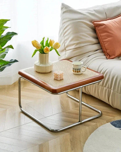 Solvia Cane | Runder Couchtisch aus Rattan mit Glasplatte im Mid-Century-Stil