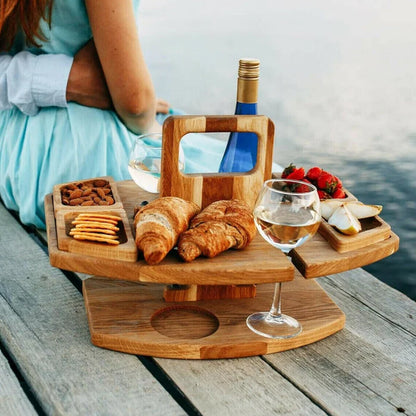 Lunvink Fold | Faltbarer Picknicktisch aus Holz mit Glashaltern und Snackfächern