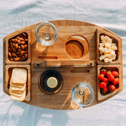 Lunvink Fold | Faltbarer Picknicktisch aus Holz mit Glashaltern und Snackfächern