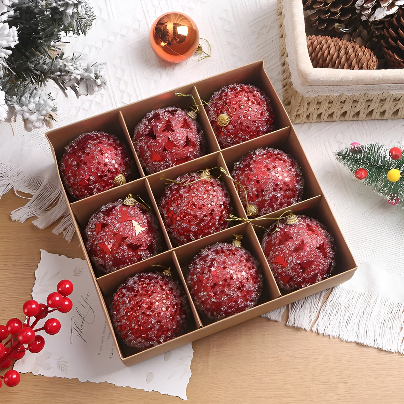 Weihnachtskugeln Set | Elegante Christbaumkugeln aus Kunststoff | Champagner-Gold & Rot-Glitzer |