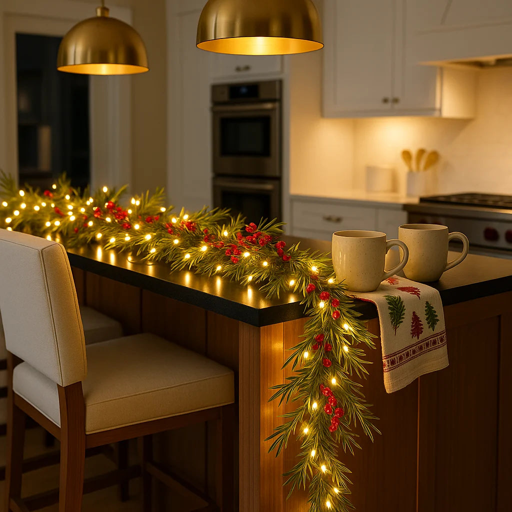 Winterbeergirlande mit Beleuchtung | 1,8 m Weihnachtsgirlande mit Warmweißen LEDs & Roten Beeren