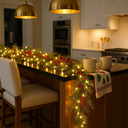 Winterbeergirlande mit Beleuchtung | 1,8 m Weihnachtsgirlande mit Warmweißen LEDs & Roten Beeren