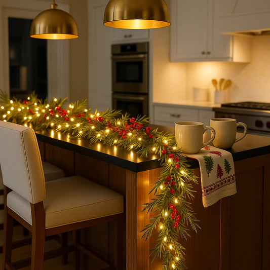 Winterbeergirlande mit Beleuchtung | 1,8 m Weihnachtsgirlande mit Warmweißen LEDs & Roten Beeren