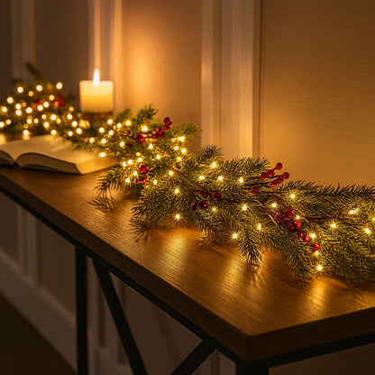 Winterbeergirlande mit Beleuchtung | 1,8 m Weihnachtsgirlande mit Warmweißen LEDs & Roten Beeren