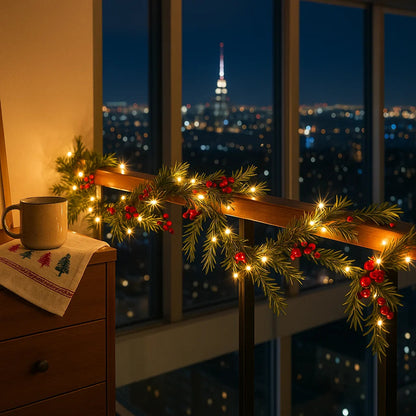 Winterbeergirlande mit Beleuchtung | 1,8 m Weihnachtsgirlande mit Warmweißen LEDs & Roten Beeren