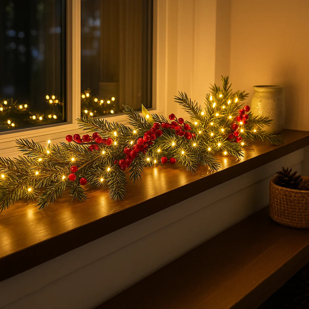 Winterbeergirlande mit Beleuchtung | 1,8 m Weihnachtsgirlande mit Warmweißen LEDs & Roten Beeren