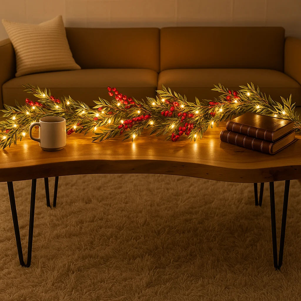 Winterbeergirlande mit Beleuchtung | 1,8 m Weihnachtsgirlande mit Warmweißen LEDs & Roten Beeren