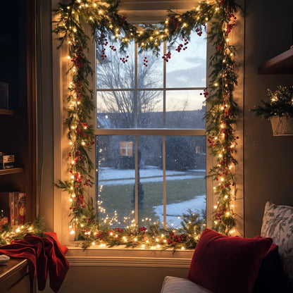 Winterbeergirlande mit Beleuchtung | 1,8 m Weihnachtsgirlande mit Warmweißen LEDs & Roten Beeren