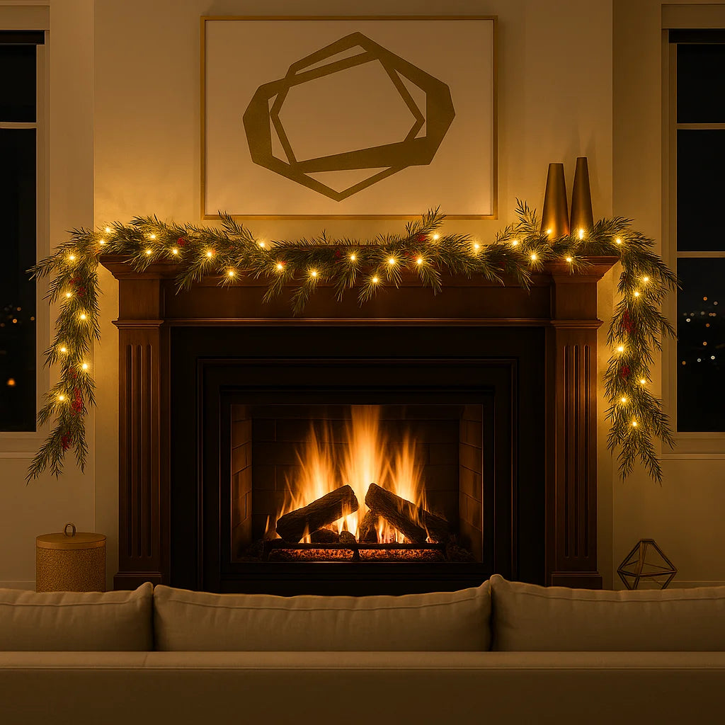 Winterbeergirlande mit Beleuchtung | 1,8 m Weihnachtsgirlande mit Warmweißen LEDs & Roten Beeren