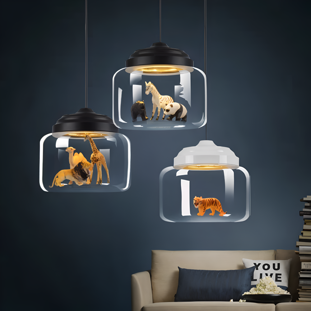 LumiZoo Lampe | LED-Pendelleuchte aus Glas mit Cartoon-Tiermotiv, nordischer Stil