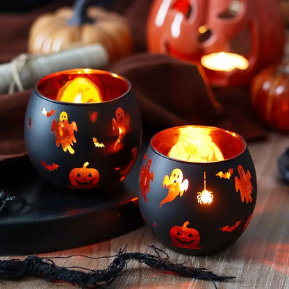 Halloween Kerzenhalter Set – 2er-Glasdeko mit Kürbis, Spinne & Fledermaus