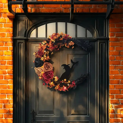 Halloween Gotischer Türkranz – Türdeko mit Hexenkatze, Mond & Rosen