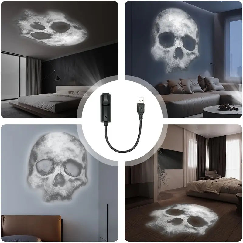 Halloween Skull LED Nachttischlampe – Rotierende Schädel Lampe mit Projektion & USB