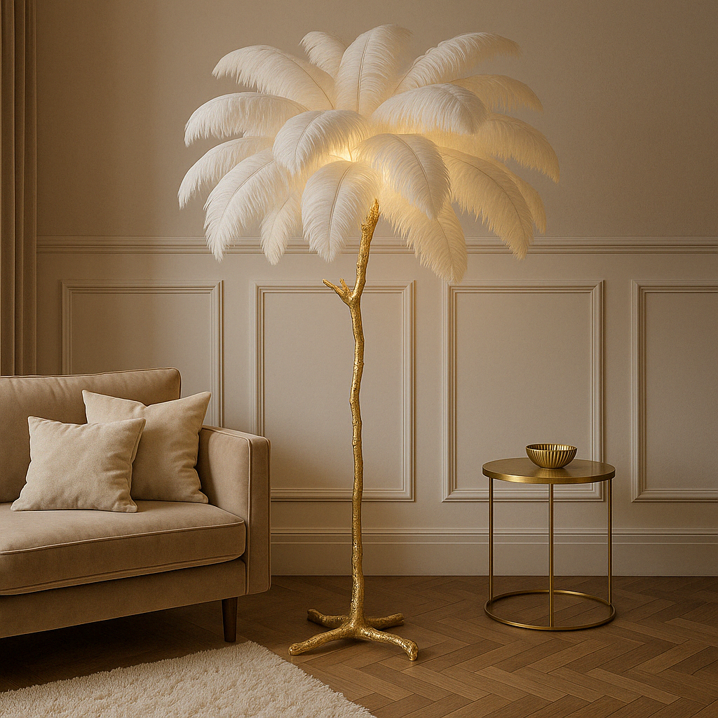 Plumora | Feder Stehleuchte mit goldenem Sockel