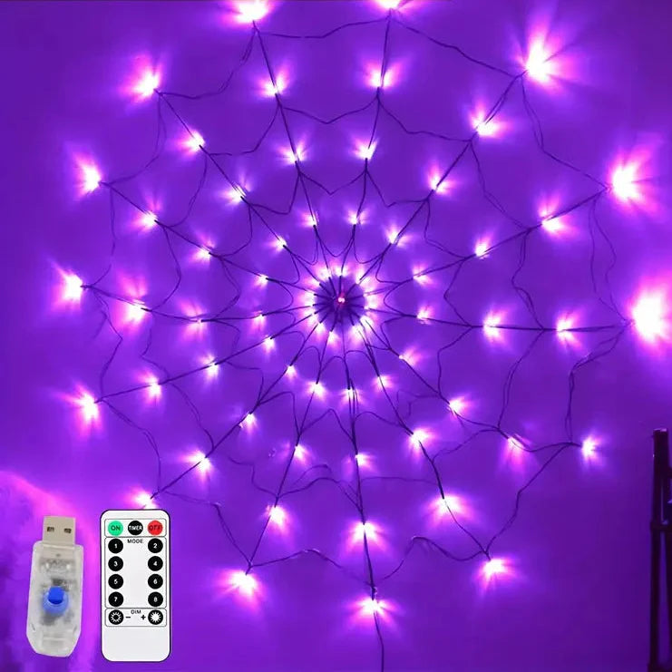 Halloween Spinnennetz Lichterkette – LED Lila & Orange für gruselige Partydeko