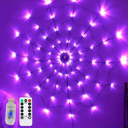 Halloween Spinnennetz Lichterkette – LED Lila & Orange für gruselige Partydeko