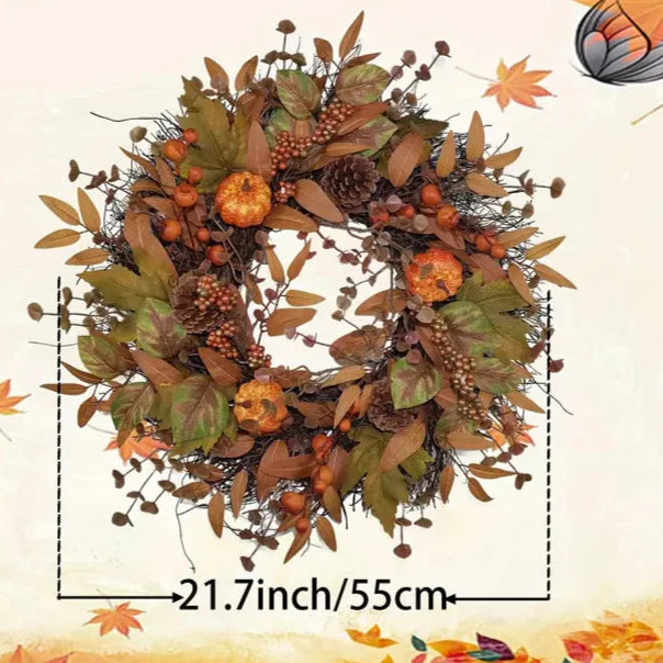 Halloween & Weihnachts Türkranz – Herbstkranz mit Kürbissen, Ahornblättern & Tannenzapfen