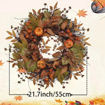 Halloween & Weihnachts Türkranz – Herbstkranz mit Kürbissen, Ahornblättern & Tannenzapfen