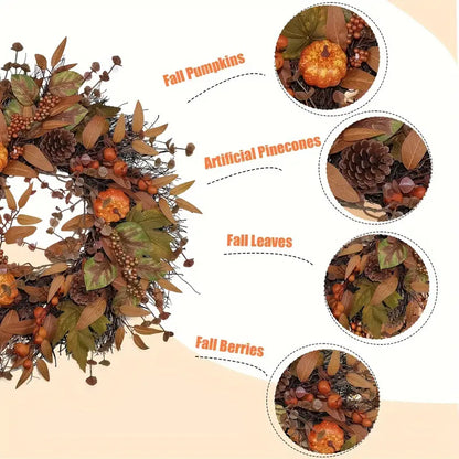 Halloween & Weihnachts Türkranz – Herbstkranz mit Kürbissen, Ahornblättern & Tannenzapfen