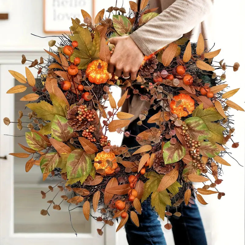 Halloween & Weihnachts Türkranz – Herbstkranz mit Kürbissen, Ahornblättern & Tannenzapfen