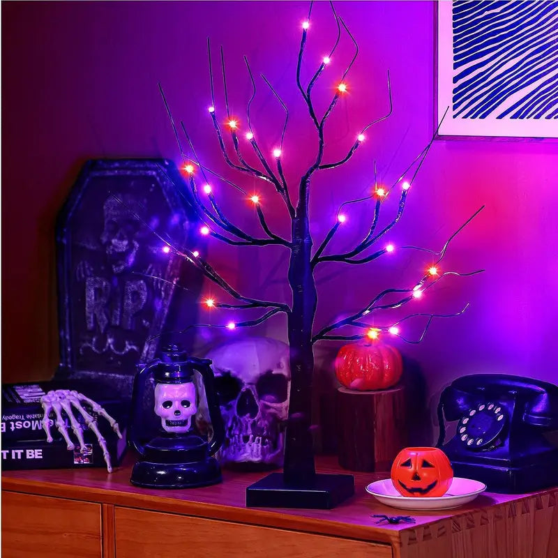 Halloween LED Baum 60cm – Schwarzer Deko-Baum mit Lila & Orange Lichtern