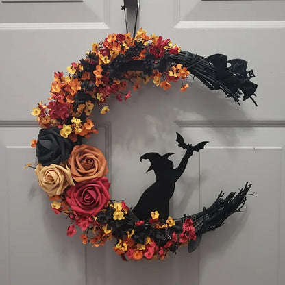 Halloween Gotischer Türkranz – Türdeko mit Hexenkatze, Mond & Rosen