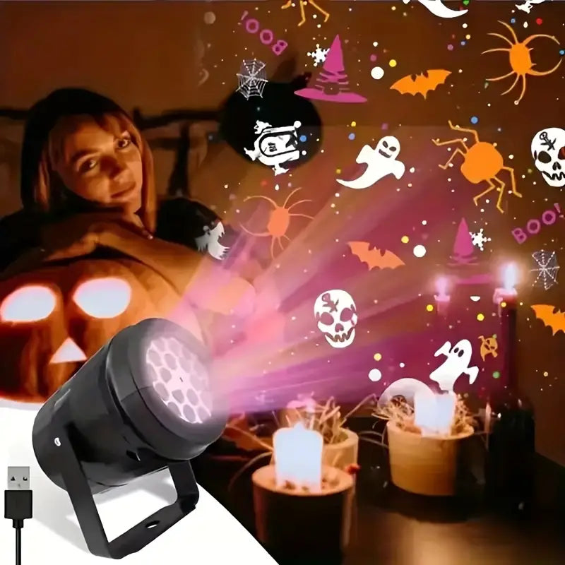Halloween USB Projektor Lampe – LED Deko mit Kürbis, Spinne & Fledermaus Motiven