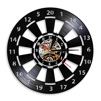 VinylDart | Vintage-Dart-Wanduhr aus Vinyl | Geräuschloses Uhrwerk & Retro-Design für Clubs, Bars & Spielräume