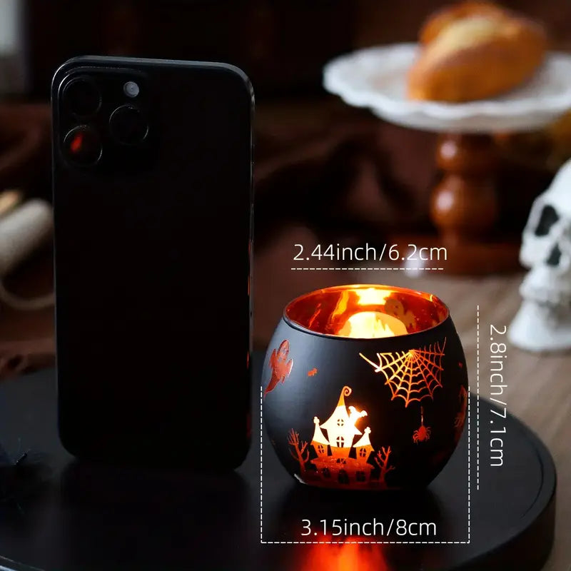 Halloween Kerzenhalter Set – 2er-Glasdeko mit Kürbis, Spinne & Fledermaus