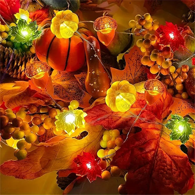 Halloween Herbst Lichterkette – 3m LED Girlande mit Kürbis, Ahornblatt & Eichel