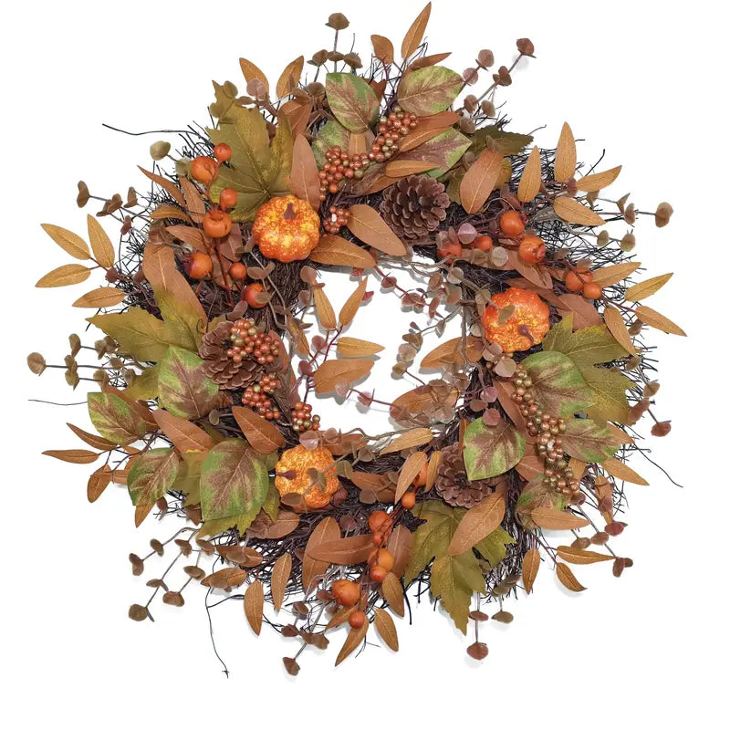 Halloween & Weihnachts Türkranz – Herbstkranz mit Kürbissen, Ahornblättern & Tannenzapfen