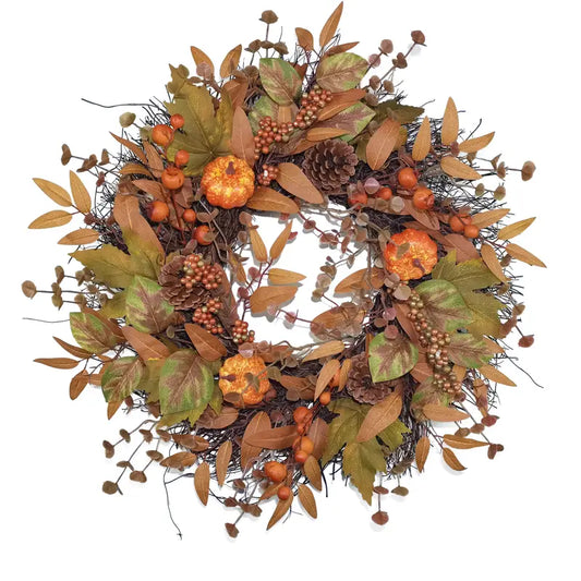 Halloween & Weihnachts Türkranz – Herbstkranz mit Kürbissen, Ahornblättern & Tannenzapfen