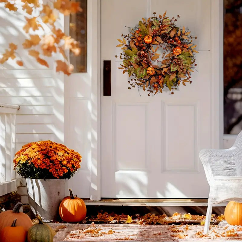 Halloween & Weihnachts Türkranz – Herbstkranz mit Kürbissen, Ahornblättern & Tannenzapfen